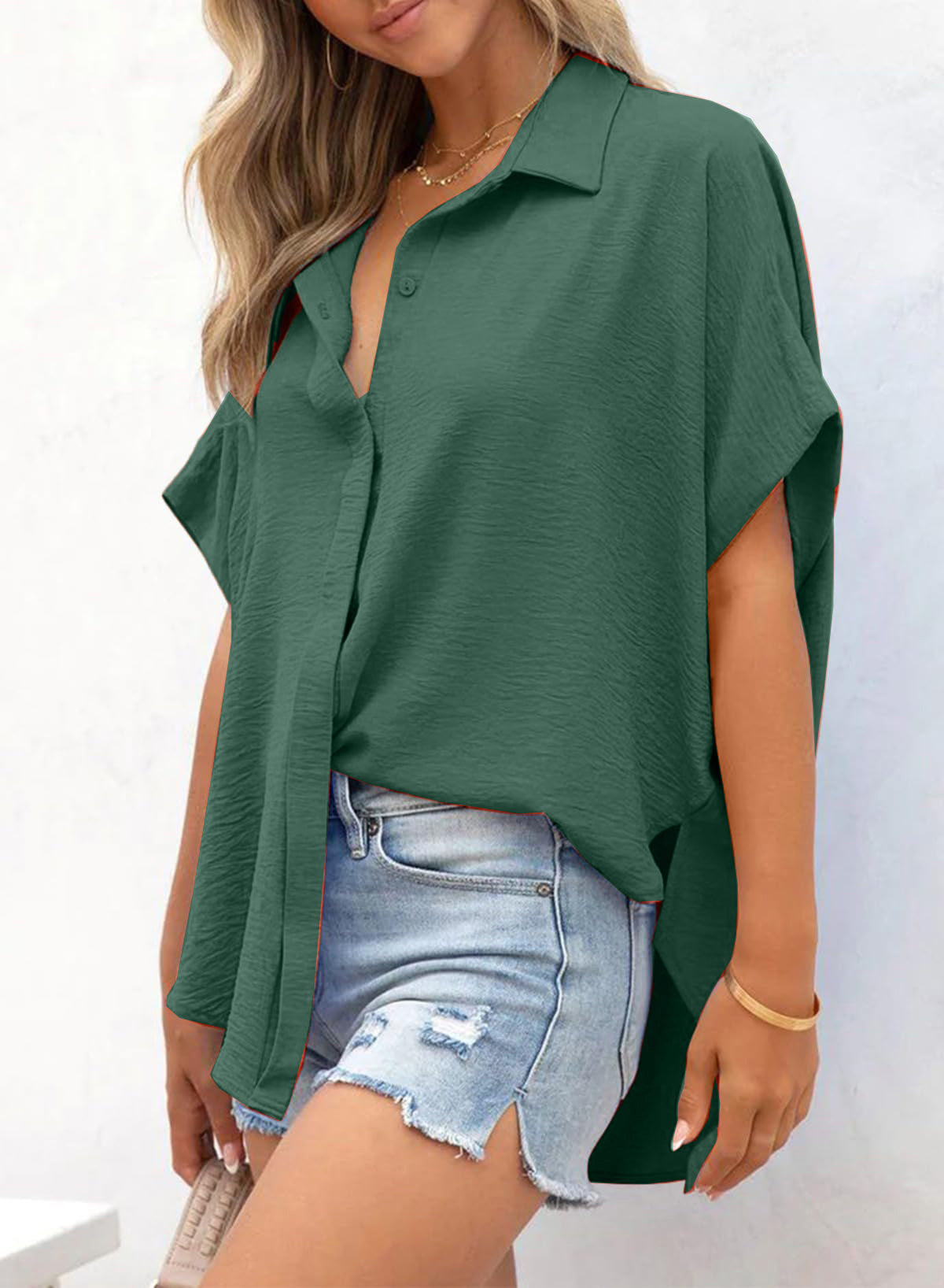 ⏰Hot Sale-Women's Casual Button Short Sleeve Slit Hem Shirt Solid Color Tops