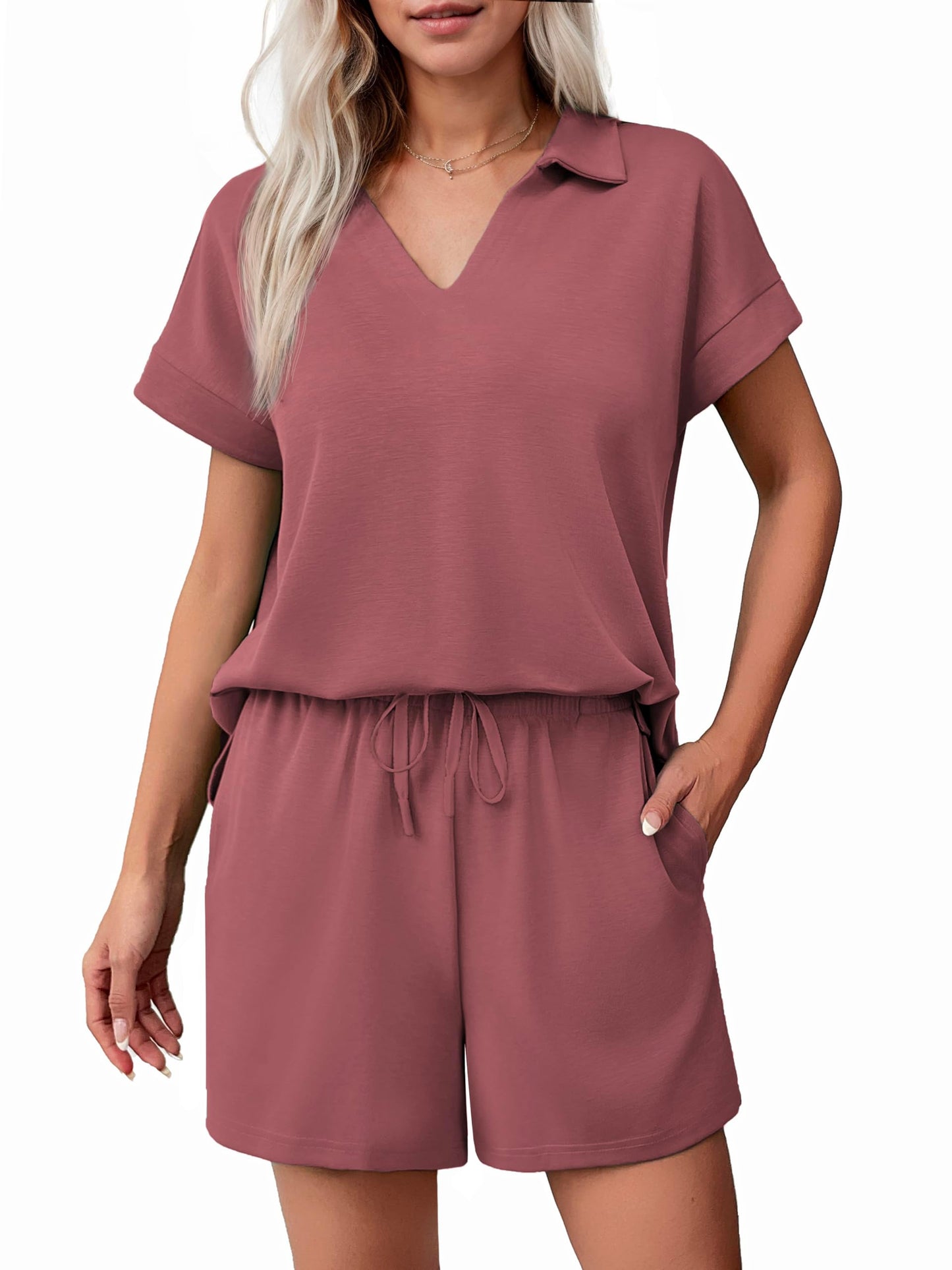 ✨Women Summer Lounge Sets Short Sleeve Sweatshirt V-neck Tops and Drawstring Shorts Outfits Tracksuit
