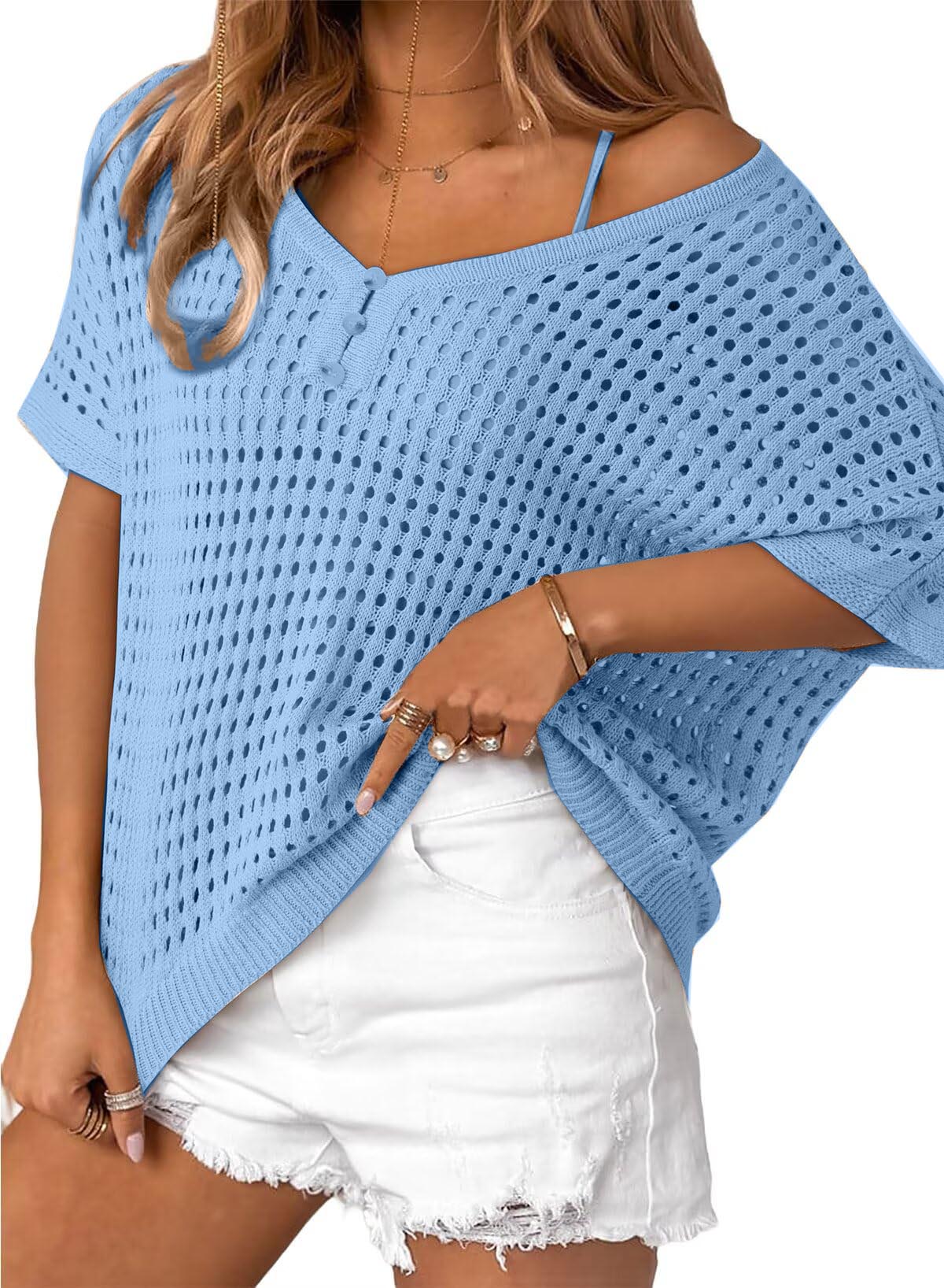 ✨Womens Summer V Neck Short Sleeve Button Down Sweater Casual Crochet Hollow Out Knit Tops Beach Coverup