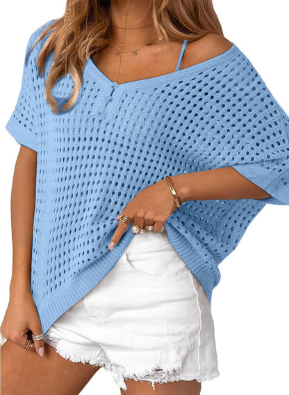 ✨Womens Summer V Neck Short Sleeve Button Down Sweater Casual Crochet Hollow Out Knit Tops Beach Coverup