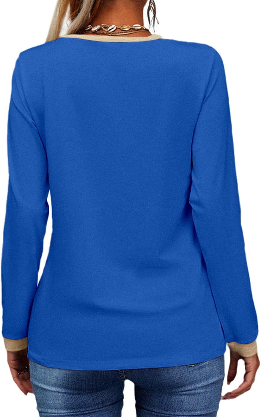 ✨Womens Long Sleeve T Shirts Casual V Neck Color Block Tunic Tops