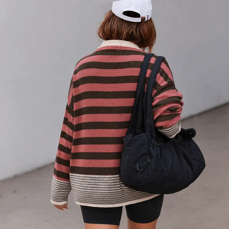 Women Retro Minimalist Striped Oversized Crew Neck Pullover Top