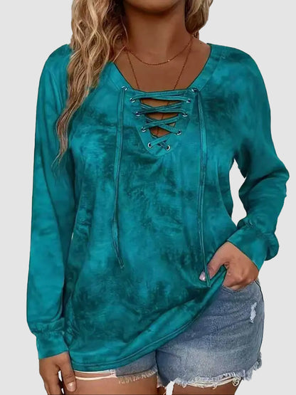 Women Tie Dye Lace Up Long Sleeve Top