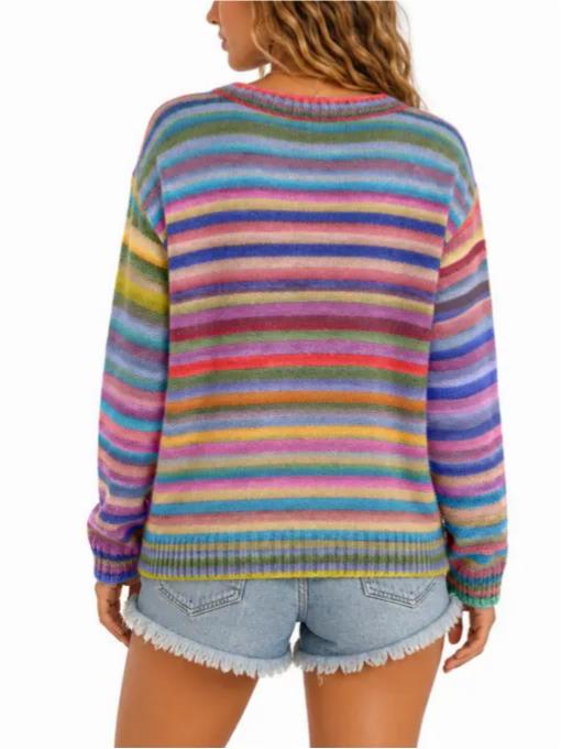 Women Sweet Casual Rainbow Stripe Open‑Front Long‑Sleeve Knit Cardigan