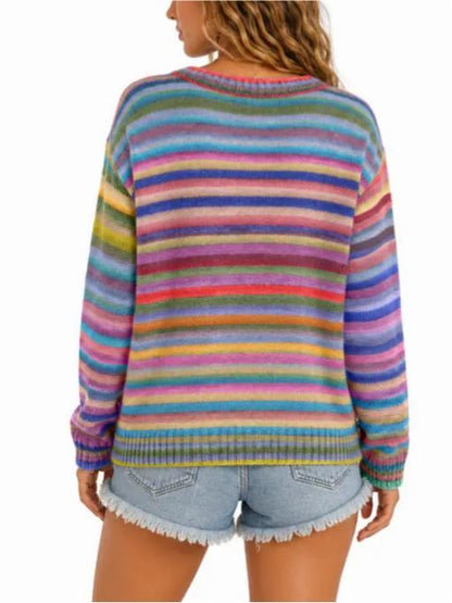 Women Sweet Casual Rainbow Stripe Open‑Front Long‑Sleeve Knit Cardigan