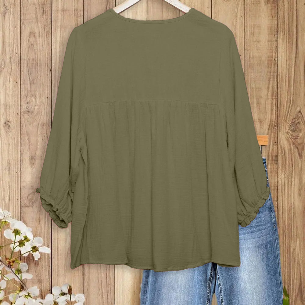 Women's 3/4 Puff Sleeve Blouse with Ruffled Cuffs & Pleated Details