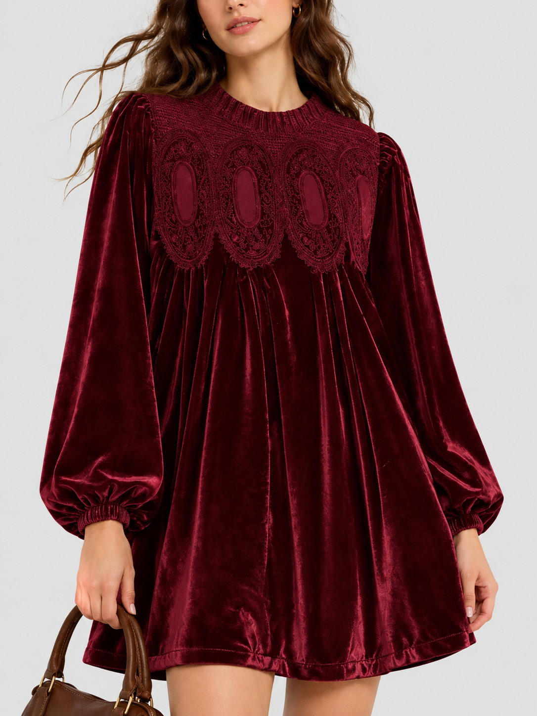 Hot Sale-Women Velvet Lace Babydoll Mini Dress