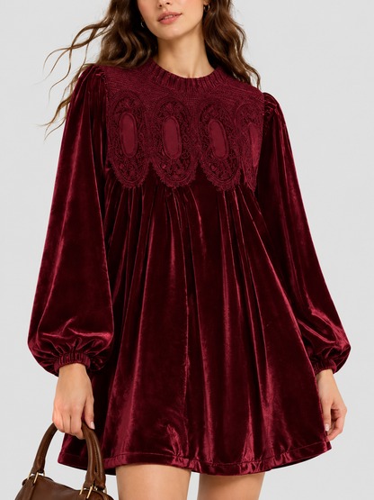 Hot Sale-Women Velvet Lace Babydoll Mini Dress