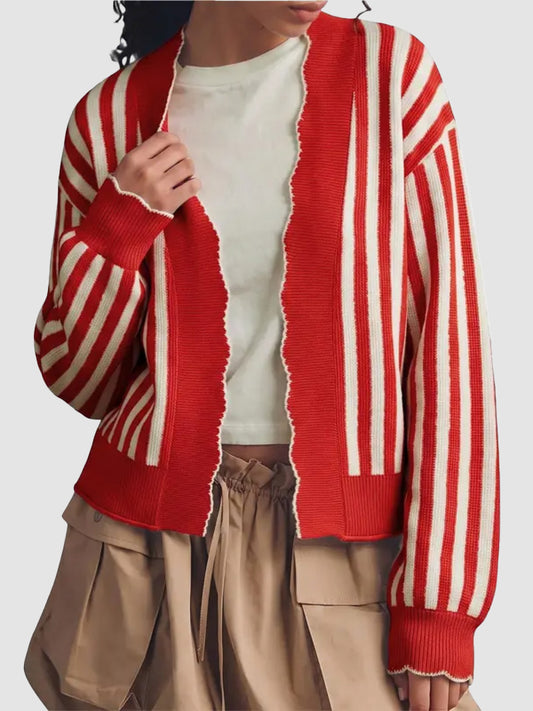 Women Striped Collared Open Front Cardigan Contrast Stitch Long Sleeve Sweater