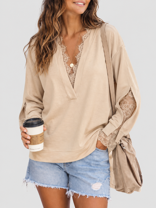 Women Deep V‑Neck Lace Patchwork Loose Long Sleeve Pullover Top