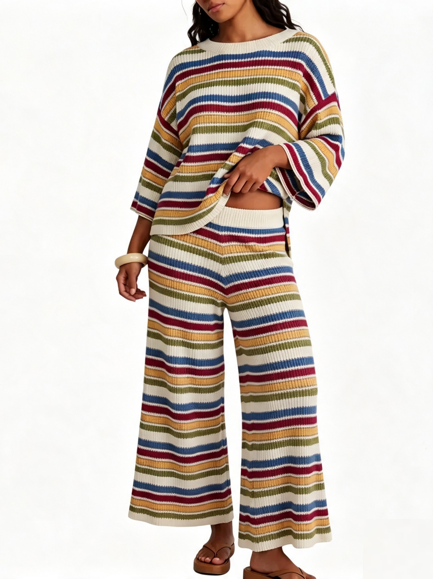 Women Striped Knit Two‑Piece Set Crew Neck 3/4 Sleeve Loose Top Wide Leg Pants
