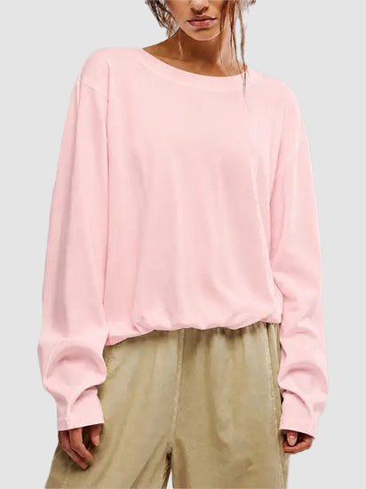 Cozy Solid Color Crewneck Pullover with Elastic Hem