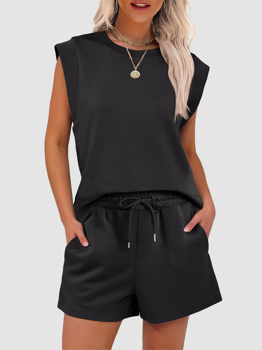 New Women's Cap Sleeve Crewneck Tops and Drawstring Short Outfits Two Piece Sets