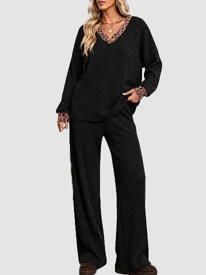 Leopard Trim / Solid Plain Coordinating Top & Pants Outfit