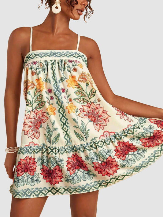 Boho Floral Ethnic Print Thin Strap Tiered Ruffle Swing Sundress