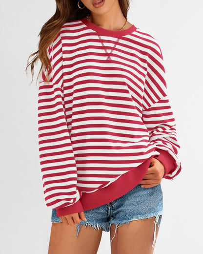 Women Striped Crew Neck Lantern Long Sleeve Loose Sweatshirt Top