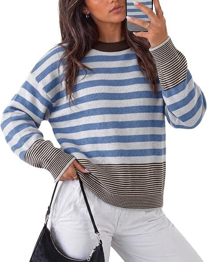 Women Retro Minimalist Striped Oversized Crew Neck Pullover Top