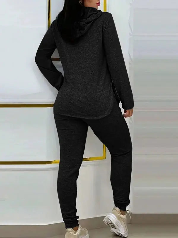 Hot Sale-Solid 2 Piece Hooded Outfit With Curved Hem