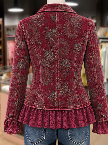 Women Retro Paisley Velvet Lace Patch Jacket