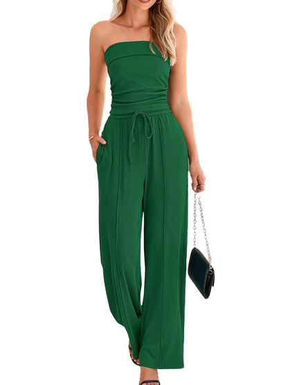 Women Anti-Slip Tube Top Wide Leg Pants 2 Piece Casual Matching Lounge Set