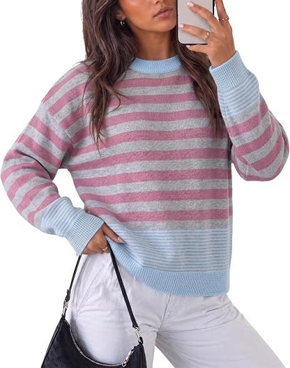 Women Retro Minimalist Striped Oversized Crew Neck Pullover Top