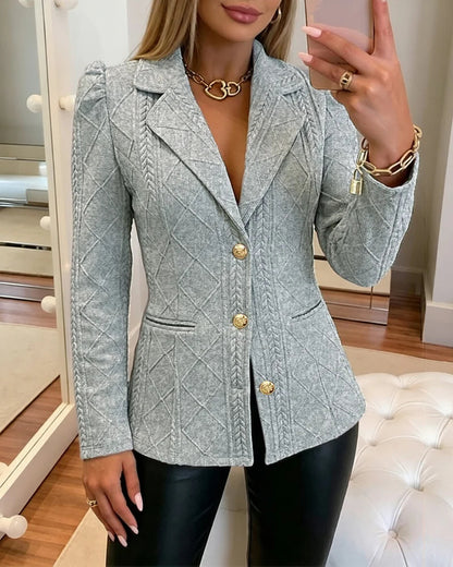 Women Lapel Collar Quilted Pattern Bodycon Blazer