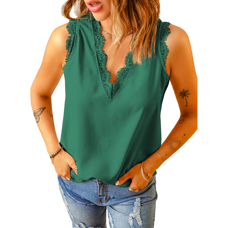 Lace Trim V Neck Sleeveless Stretch Tank Top