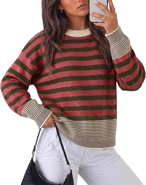 Women Retro Minimalist Striped Oversized Crew Neck Pullover Top