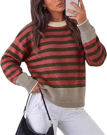 Women Retro Minimalist Striped Oversized Crew Neck Pullover Top
