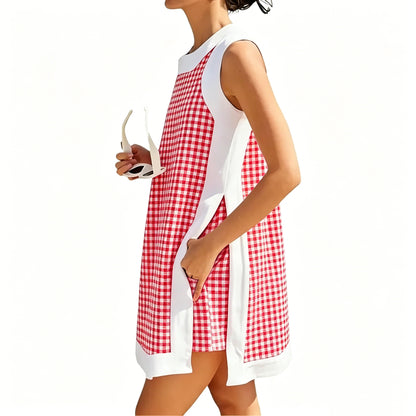 Gingham Plaid Color Block Sleeveless Tunic Top & Pocket High Waist Shorts 2 Piece Set