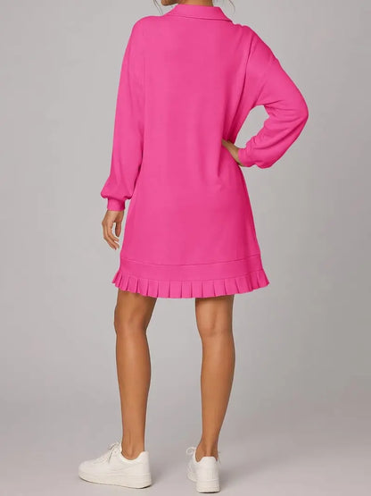 Hot Sale-Women's Half Zip Sweatshirt Dress with Pleated Hem