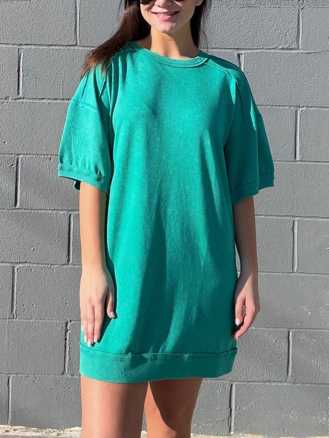 Washed Cotton Crew Neck Casual Mini Dress