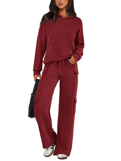 Women Hooded Top Wide Leg Cargo Pant 2 Piece