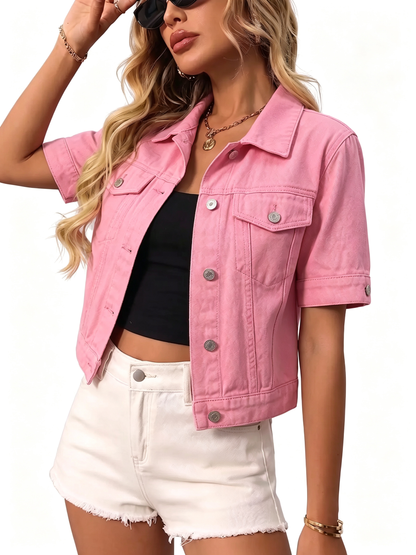 Short Sleeve Cropped Denim Jacket, Summer Fall Layering Coat