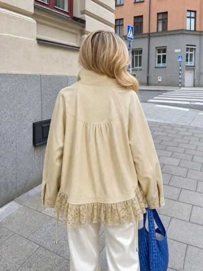 Women Lace Hem Stand‑Collar Drawstring Loose Jacket