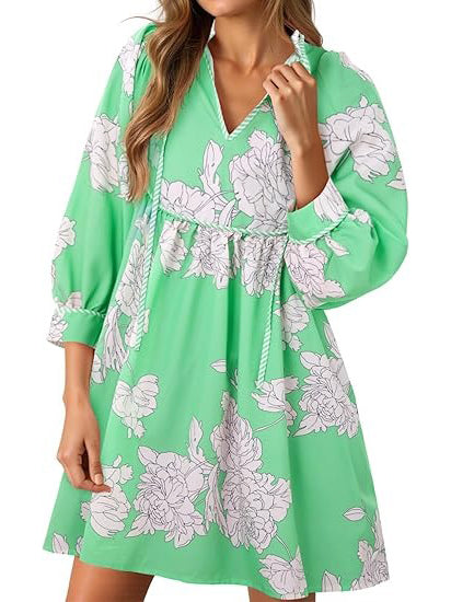 Tassel Trim V Neck Drawstring Empire Waist Floral Print Bubble Sleeve Mini Dress