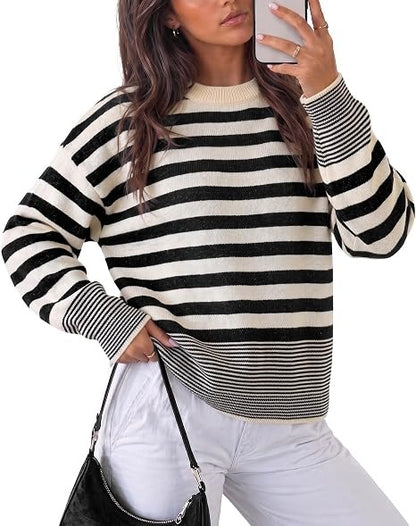 Women Retro Minimalist Striped Oversized Crew Neck Pullover Top