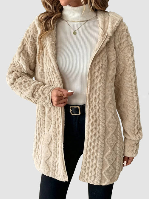 Women's Hooded Cable Texture Fleece Lined Cardigan