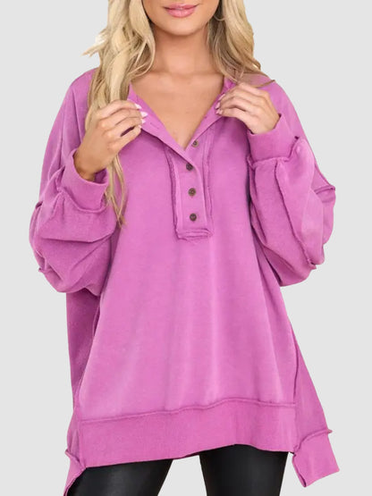 Hot Sale-Women's Oversized Henley Casual Buttoned Sweatshirt