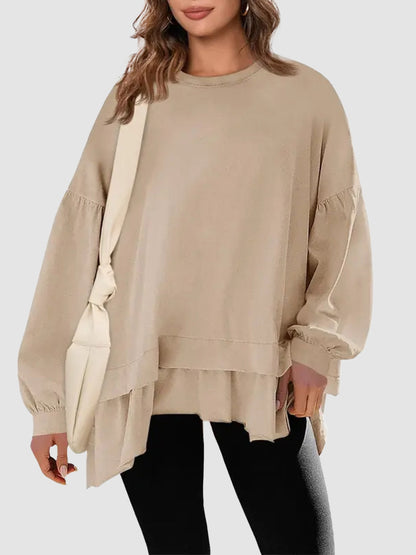 Women Oversized Peplum Asymmetrical Hem Crew Neck Long Sleeve Casual Top