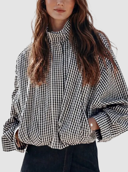 Women Gingham Plaid Zip‑Up Stand Collar Cropped Batwing Sleeve Jacket