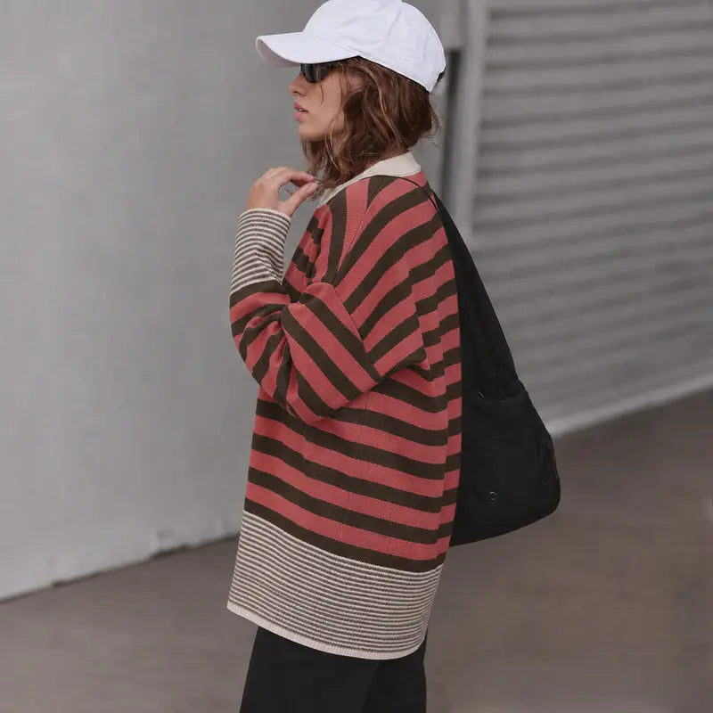 Women Retro Minimalist Striped Oversized Crew Neck Pullover Top