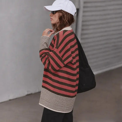 Women Retro Minimalist Striped Oversized Crew Neck Pullover Top