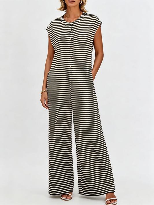 Striped Sleeveless Button Front Casual Wide Leg Jumpsuit with Side Pockets