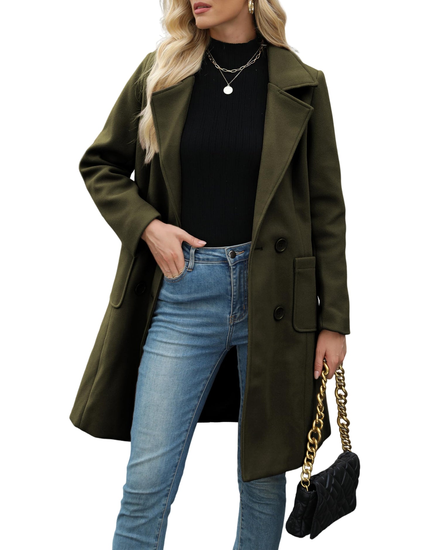 Women Open Front Wool Coat Lapel Double Button Mid‑Length Overcoat With Pockets