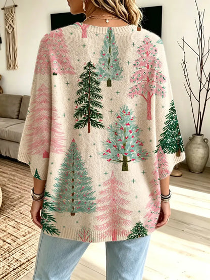 Christmas Loose Round Neck Bat Sleeve Knit Top for Women