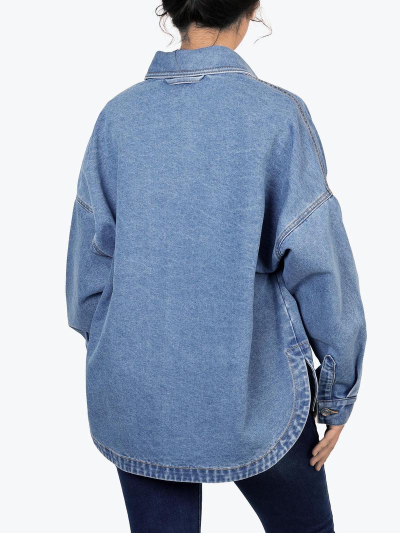 ✨Women's Solid Color Button Front Drop Shoulder Curved Hem Denim Jacket (Final Days: Big Savings!!!)