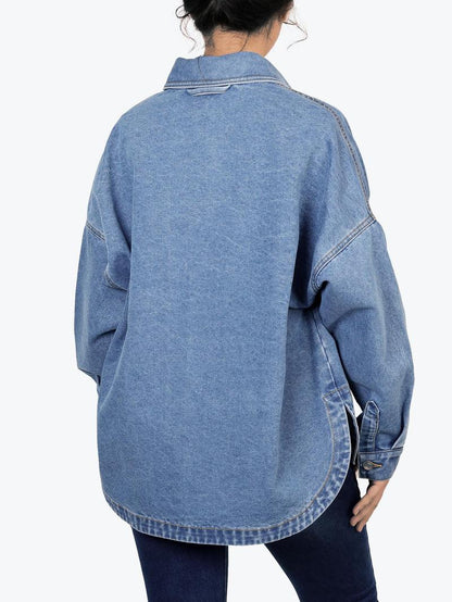 ✨Women's Solid Color Button Front Drop Shoulder Curved Hem Denim Jacket (Final Days: Big Savings!!!)