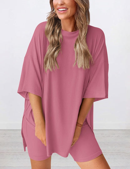 ⏰Hot Sale-Women's Oversized Casual T-Shirt Shorts Suit Stretch Two-Piece Set