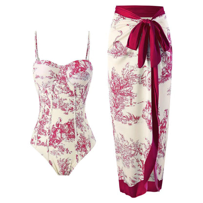 Women Adjustable Shoulder Strip Plant Prints One Piece Swimsuit and Skirt/Sarong